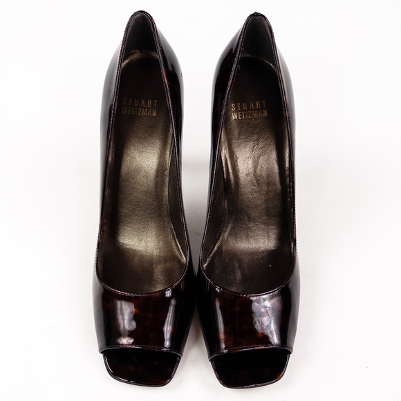 Stuart Weitzman Tortoiseshell Patent Peep Toe Pumps Heels - Picture 4 of 7